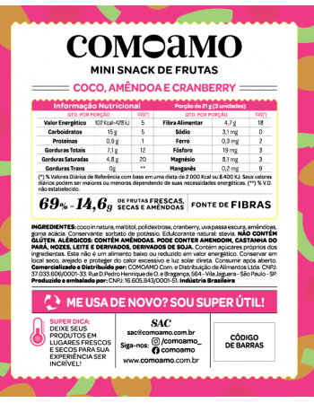 Snack Mini Coco, Amêndoas e Cranberry - ComoAmo - Pouch 56g