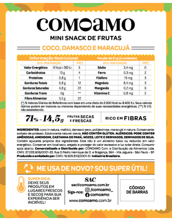 Snack Mini Coco, Damasco e Maracujá - ComoAmo - Pouch 56g